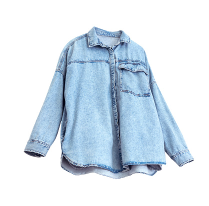 Denim long sleeve buttoned shirt isolated on white. Sport style female clothes.Jean jacket single object.