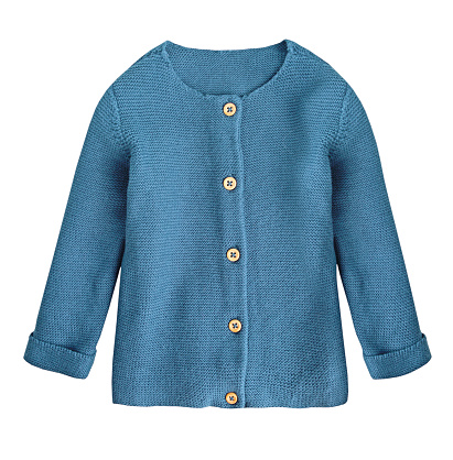 Knitted blue cardigan,child's clothes isolated on white.School buttoned jacket. Longsleeve sweater.Child's uniform.