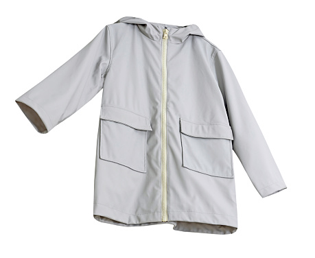 Fashion coat isolated on white.Female clothes,grey rain jacket.Outwear.Women's clothing.