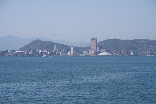 Kagawa,Japan - April 10, 2024: Port Takamatsu viewed from the sea