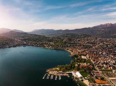 Aerial view of Lugano city by Lugano lake in Southern Switzerland, Ticino Canton.