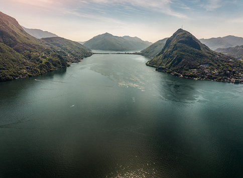 Aerial view of Lugano Lake and mount San Salvatore in Southern Switzerland, Canton Ticino.