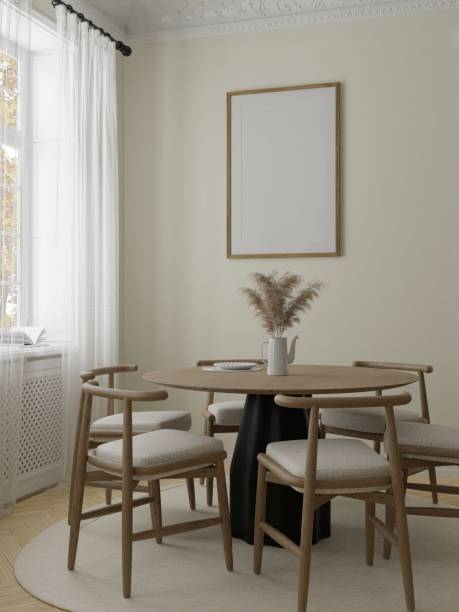 istock Frame interior, mockup frame, poster wood one frame in empty picture interior dining table cozy home room in illustration 3d rendering. 2149053009