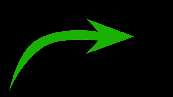 Green arrow pointing to the right. Colorful arrow symbols on black background. green shiny 3d arrow. 3d illustration.