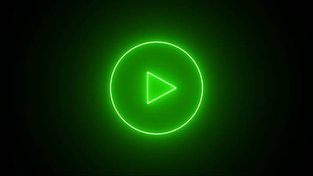 istock Glowing green color play button on black background. 3d illustration. Press to play. Neon Play button icon. media player button, 2149054208