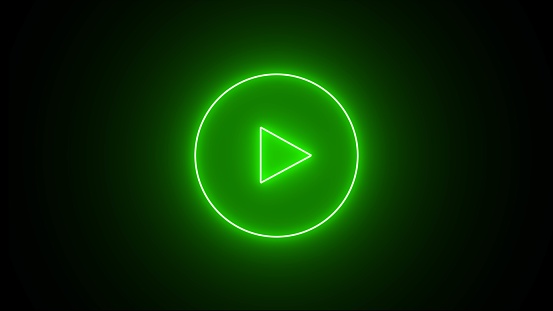 Glowing green color play button on black background. 3d illustration. Press to play. Neon Play button icon. media player button,