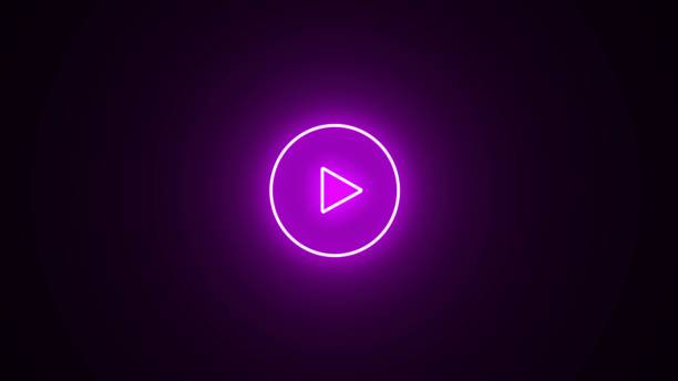 istock Neon glowing Play button icon. Neon shine play button with neon circle. purple color play button on black background. 2149054210