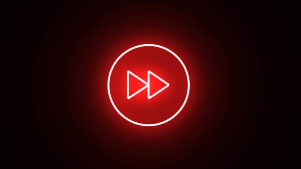 Glowing red color play button on black background. Neon glowing Play button icon. Neon shine play button with neon circle. 3d rendering.