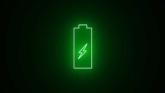 Charge battery sign with lightning. Battery charging - power sign. Neon green glowing Battery Status Sign. Neon glowing battery cell icon on black background.