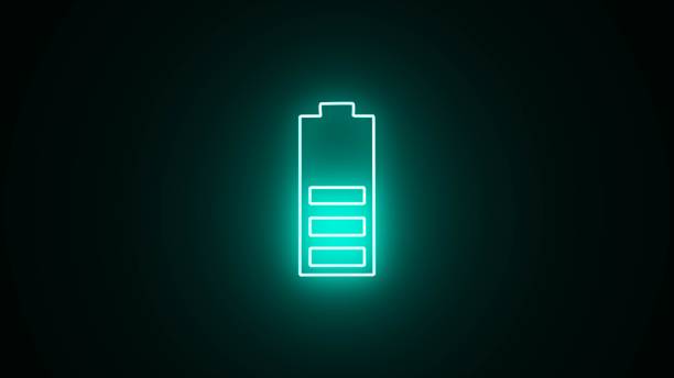 istock Neon glowing battery cell icon on black background. Neon glowing Battery Status Sign. charge battery sign with lightning. Electricity symbol - energy sign. 2149054440
