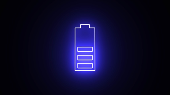 Neon glowing battery cell icon on black background. Electricity symbol - energy sign. Neon glowing Battery Status Sign. charge battery sign with lightning.