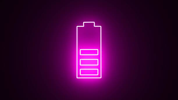 istock Neon pink glowing Battery Status Sign. charge battery sign with lightning. Neon glowing battery cell icon on black background. Electricity symbol - energy sign. 2149054470