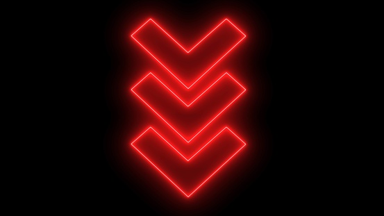 Neon down arrow icon. 3d glowing neon symbol of symbol of arrow down isolated on black background. red arrow for road direction. Flashing direction indicators. Digital arrow pointing down.
