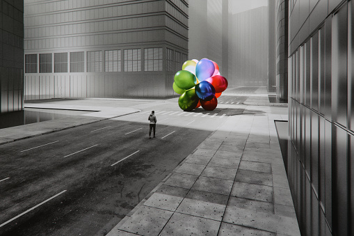 Lonely man walking in deserted empty city streets. 3D generated image. All advertising images are my own renders.