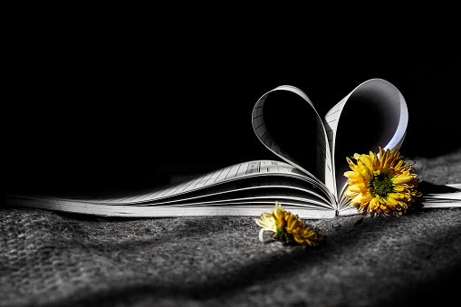 Beautiful flowers and a book shaped like a heart, a book shaped like love and a flower