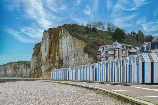 Yport, wooden beach cabins in Normandy, on the pebble beach
