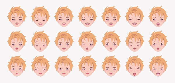 Young short spiky haircut blonde woman, attractive female emotion set, girl bundle portrait, person head. Different face icons, positive, negative facial expression feature pic. Vector illustration