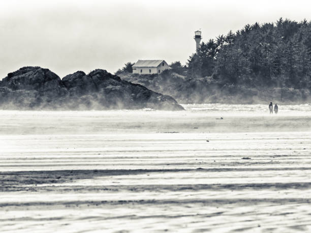 Lighthouse and shoreline off Pacific Rim National Park on Vancouver Island, British Columbia with unrecognizable couple walking on the beach
