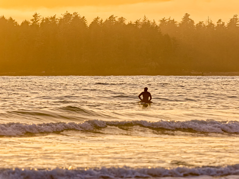 Shoreline off of Pacific Rim National Park on Vancouver Island, British Columbia with unrecognizable surfer