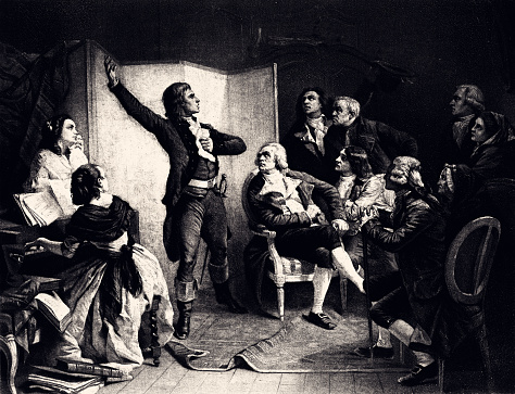 Claude Joseph Rouget de Lisle singing la ''Marseillaise'' , National Anthem of France . Vintage engraving circa late 19th century. Digital restoration by pictore.