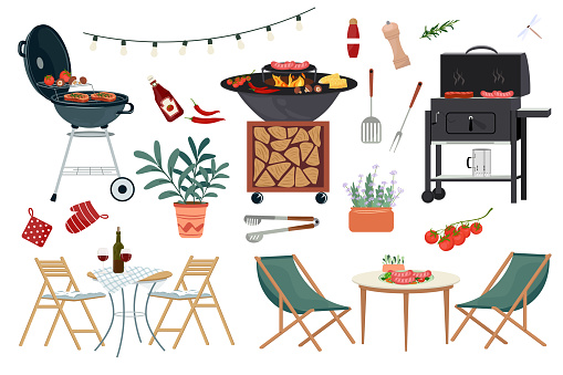 Set of modern backyard furniture with moveable kitchen, outdoor furniture, bbq grills, plants. Cartoon flat elements, summer terrace and patio, lounge items, objects for relax picnic. Vector clipart.