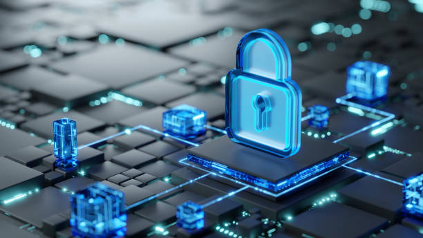 istock Network security and data safety concept. Shield, glass 3d icon on abstract dark geometric background as symbol of data server or computer network 2149062403