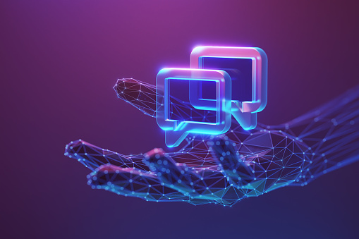 Online messaging and online support concept. Message 3d icon on the abstract human hand made with atom array and plexus effect.