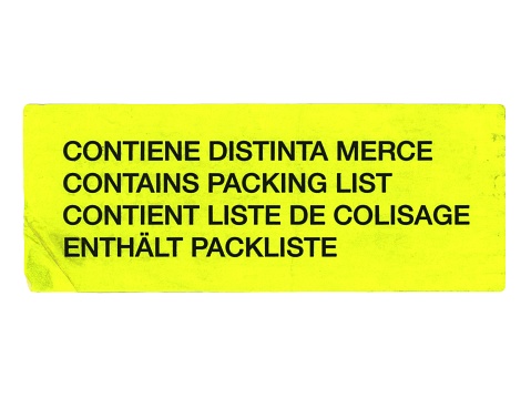 multilingual contains packing list label written in Italian English French and German isolated over white background