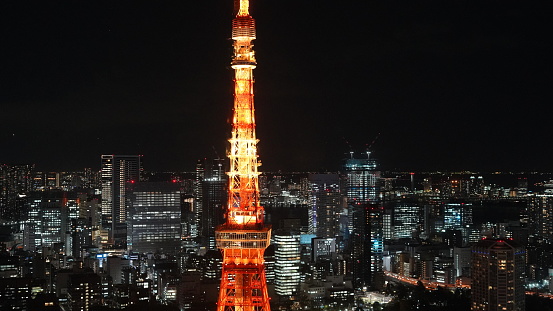 Tokyo Shinjyuku and Shibuya area panoramic view at night. Night sky and city lights view
