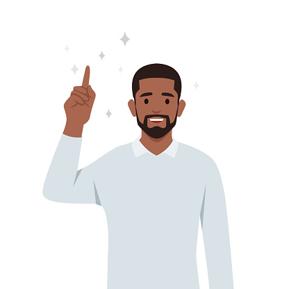 Young man with positive emotions and gesturing concept. Pointing up of idea. Flat vector illustration isolated on white background
