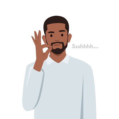Young black man making a shushing gesture raising his finger to his lips. Flat vector illustration isolated on white background