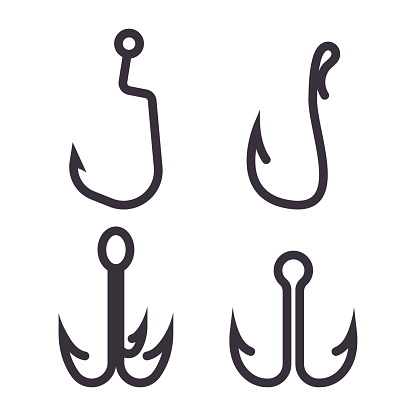Fishing hooks vector cartoon set isolated on a white background.