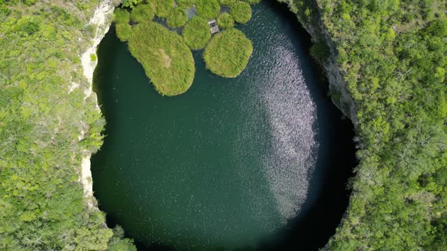 Aerial View Of Cenote El Zacaton - Thermal Water-filled Sinkhole In Tamaulipas, Mexico. topdown shot