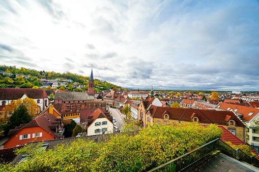 View of the city from the watchtower in Weingarten, Baden. Landscape from the observation tower in autumn.