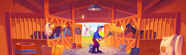 Horse stable with farmer and animals in stall. Cartoon vector of young man country worker feeding and taking care of country pets in wooden farm barn with tools and haystacks. Ranch shed interior.