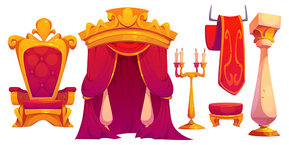 King throne isolated on white background. Vector cartoon illustration of furniture set for royal palace interior, luxury armchair, red velvet curtains, golden chandelier with candles, pillar, banner