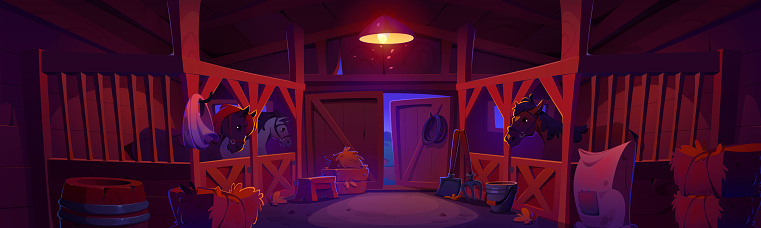 Horse stable with animals in stall at night. Cartoon vector illustration of dark farm barn inside with pets, wooden walls and gates, haystack and barrels. Country pets in ranch shed paddock interior.