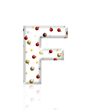 Close-up of three-dimensional Christmas ornament alphabet, white letter F on white background.