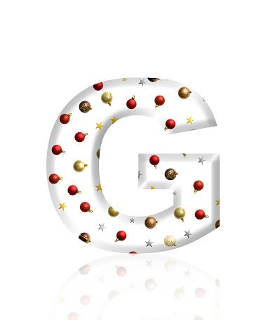 Close-up of three-dimensional Christmas ornament alphabet, white letter G on white background.