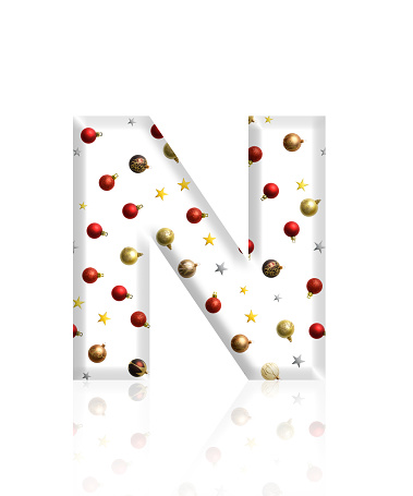 Close-up of three-dimensional Christmas ornament alphabet, white letter N on white background.