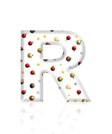 Close-up of three-dimensional Christmas ornament alphabet, white letter R on white background.