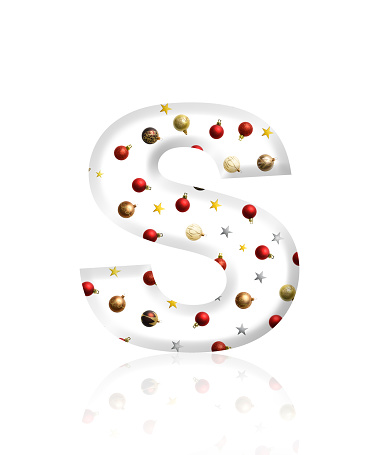 Close-up of three-dimensional Christmas ornament alphabet, white letter S on white background.