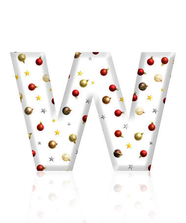 Close-up of three-dimensional Christmas ornament alphabet, white letter W on white background.
