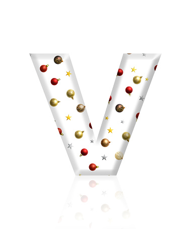 Close-up of three-dimensional Christmas ornament alphabet, white letter V on white background.