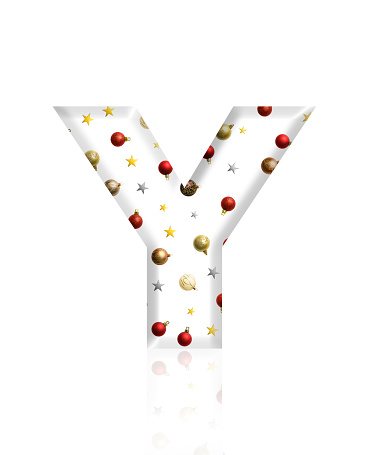 Close-up of three-dimensional Christmas ornament alphabet, white letter Y on white background.