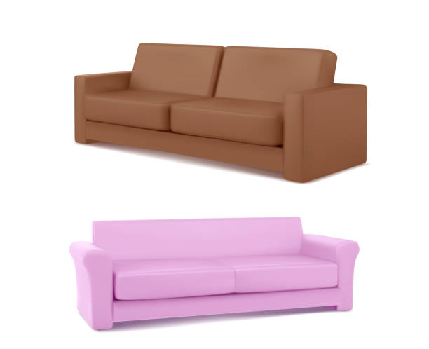 3D couches set isolated on white background 3D couches set isolated on white background. Vector realistic illustration of brown and pink sofa mockup for home interior design, living room or hotel lobby design elements, comfortable furniture couch side view stock illustrations