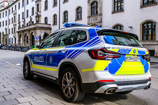 Munich, Germany - March 15: typical german police vehicle at the old town in Munich on March 15, 2024