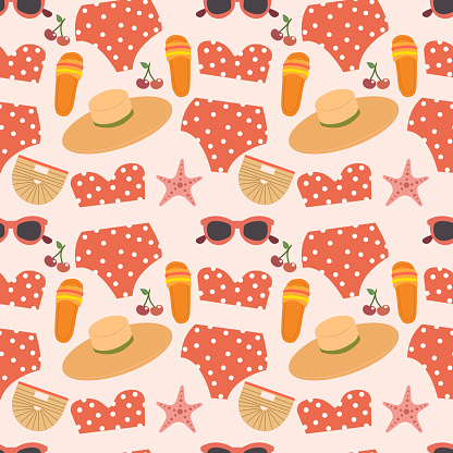vector seamless beach pattern with the image of a suitcase, sunglasses, beach bag, wide-brimmed hat, starfish flat cartoon style .