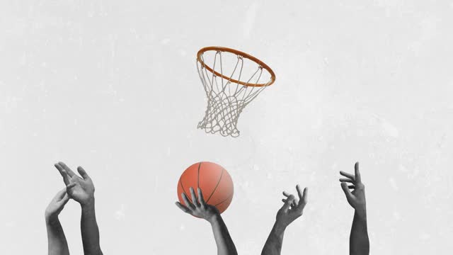 Human hands playing basketball. Contemporary art video collage. Stop motion animation. Concept of healthy life, sport, teamwork, cooperation.