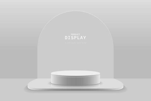 istock 3D gray cylinder podium pedestal realistic in clean room and arch shape. Minimal wall scene for mockup. Showcase. 3D vector geometric forms. Product display stand for presentation or promotion. 2149066719